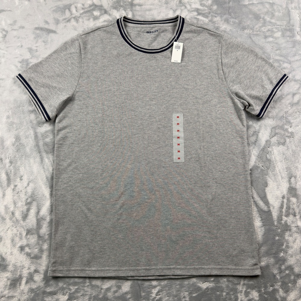 Old Navy Mens Ringer T-Shirt Medium Gray Navy Blue Striped Trim Pique Knit New
